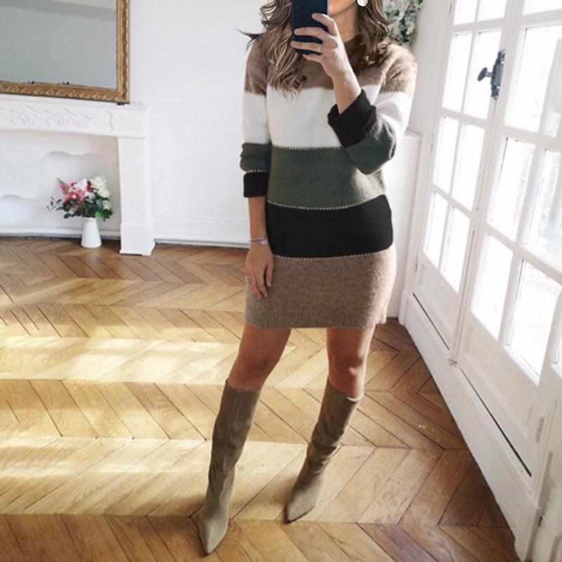 

Casual Dresses Striped Patchwork Sweater Dress Women Winter O-neck Long Sleeve Slim Pullover Bodycon Robe Pull Femme Hiver, Blue