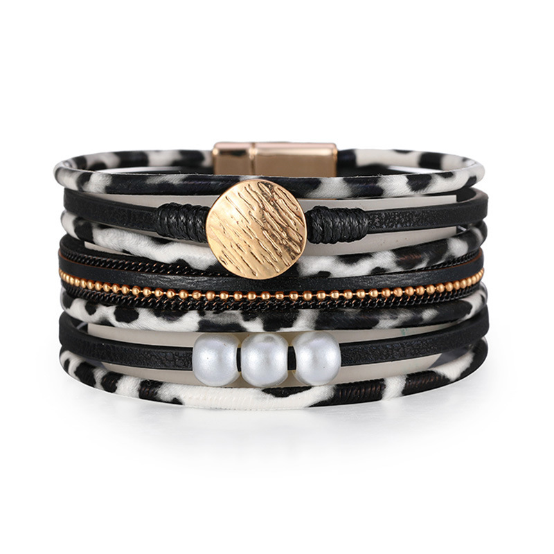 

Leather Series Bracelet Personalized Leopard Design Multi-layer Pearl