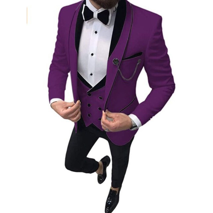 Brand New Purple Groom Tuxedos Châle Revers Slim Fit Garçons D'honneur Robe De Mariée Excellent Homme Veste Blazer 3 Pièce Costume Veste Pantalon