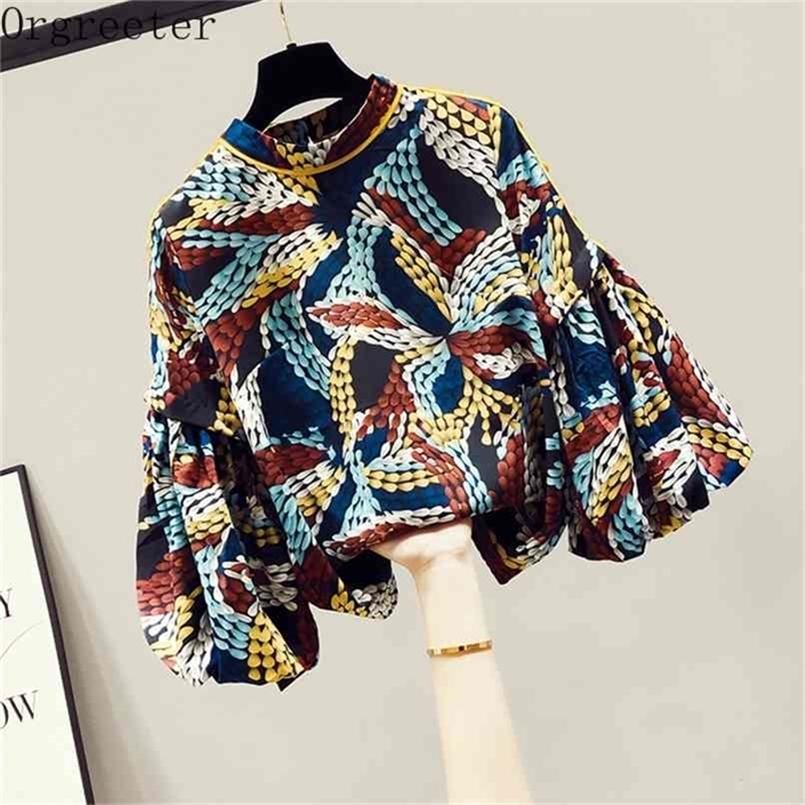 

Chiffon Shirt Women' Long Lantern Sleeved Spring Fall Vintage Printted Plus size Blusa Mujer De Moda 210602, Multi
