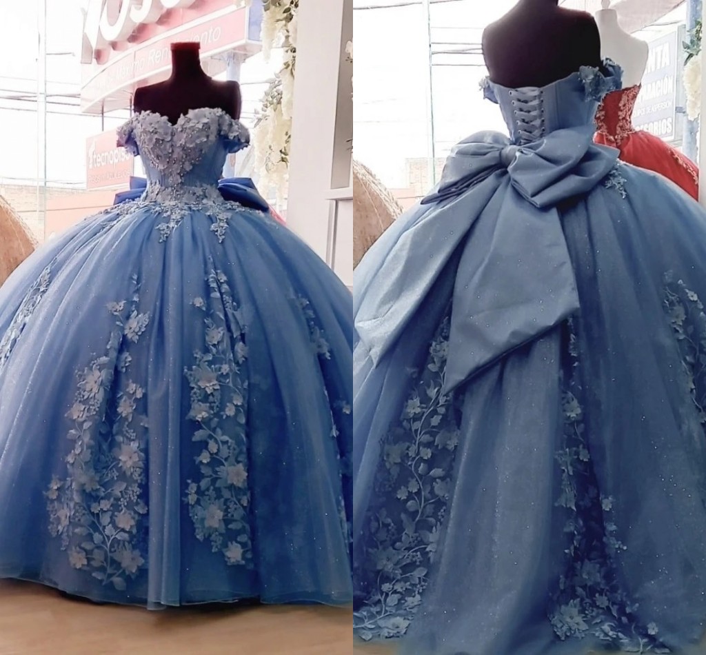 

Dusty Blue Pearls Beaded Formal Quinceanera Dresses 2022 Floral Lace Flowers Applique Off The Shoulder Big Bow Ball Gown Evening Prom Dress Sweet 15 Girls, Coral