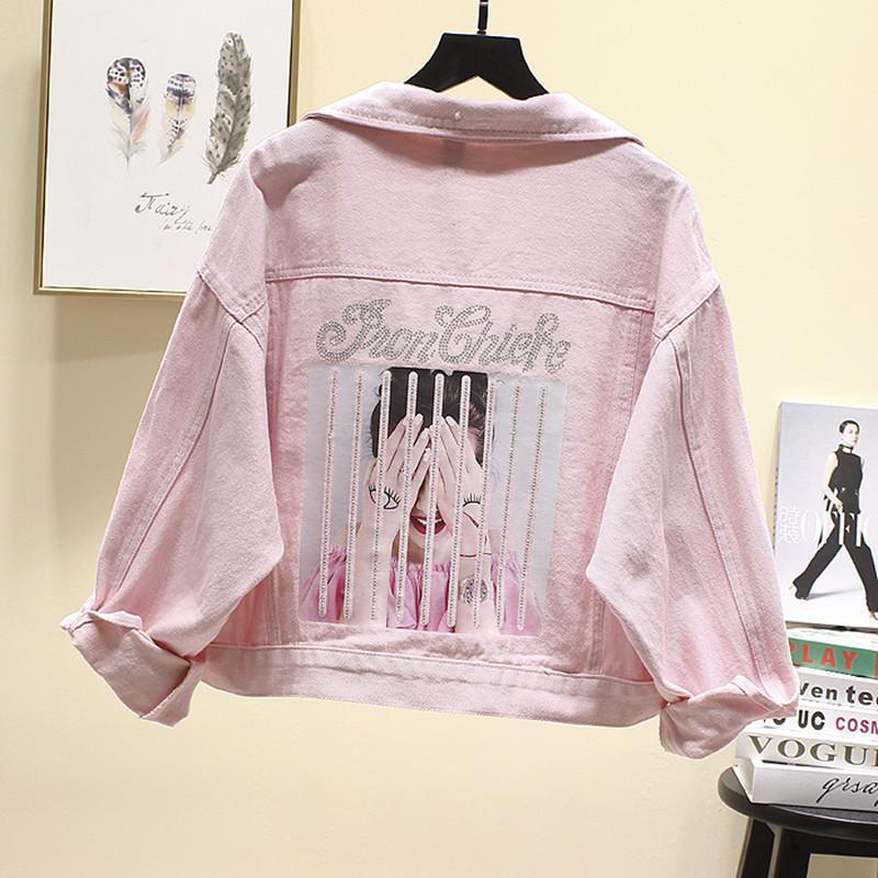 

Women' Jackets Autumn Korean White Pink Yellow Purple Diamonds Denim Jacket Women Outerwear Loose Long Sleeve Short Jeans Coat Female