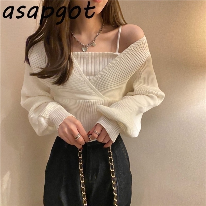 

Temperament Solid Slim Autumn Short V Neck White Knitted Tops Bottom Fake Two Pieces Pullovers Sweaters Lady Fashion Chic Korea 220407