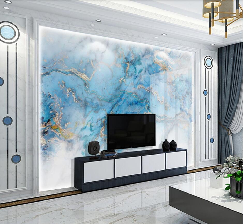 

3d wallpaper mural modern high-end light luxury blue gold marble tile TV background wall paper