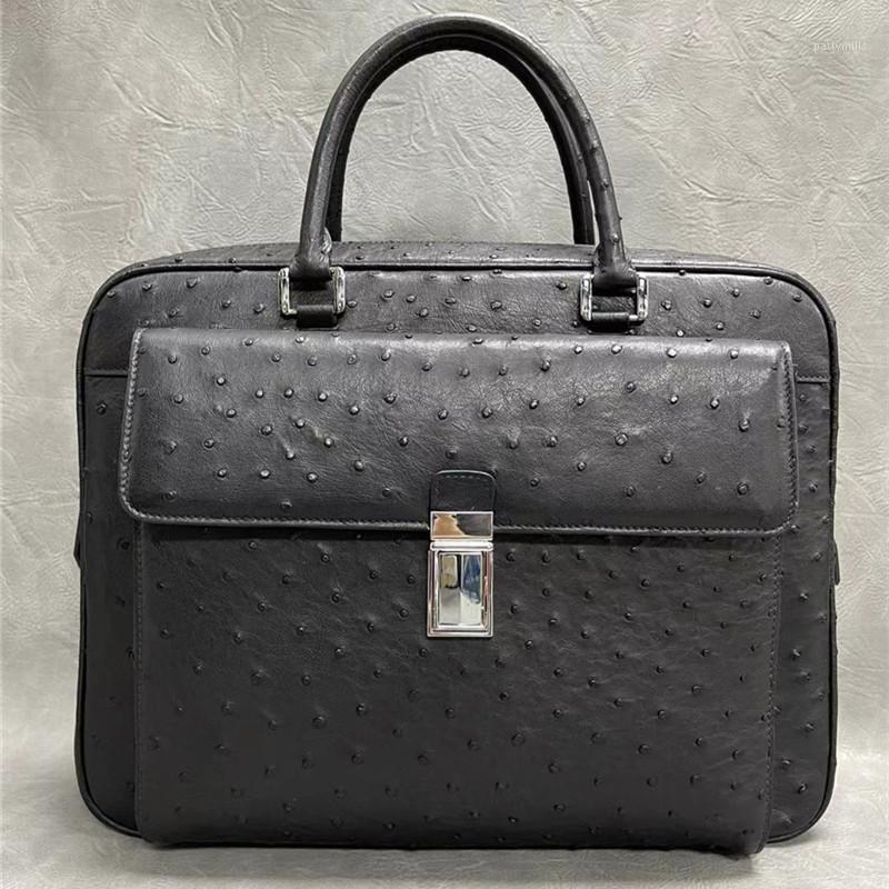 

Authentic Real True Ostrich Skin Office Men's Briefcase Top-handle Bag Genuine Exotic Leather Male Working Purse Laptop Handbag Briefcases, Black