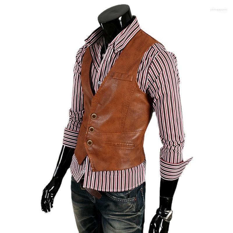 

Men's Vests Waistcoat Vest For Men Slim Fit Leisure Plaid Gentlemen Business Sleeveless Vintage Leather Jacket Phin22, Brown