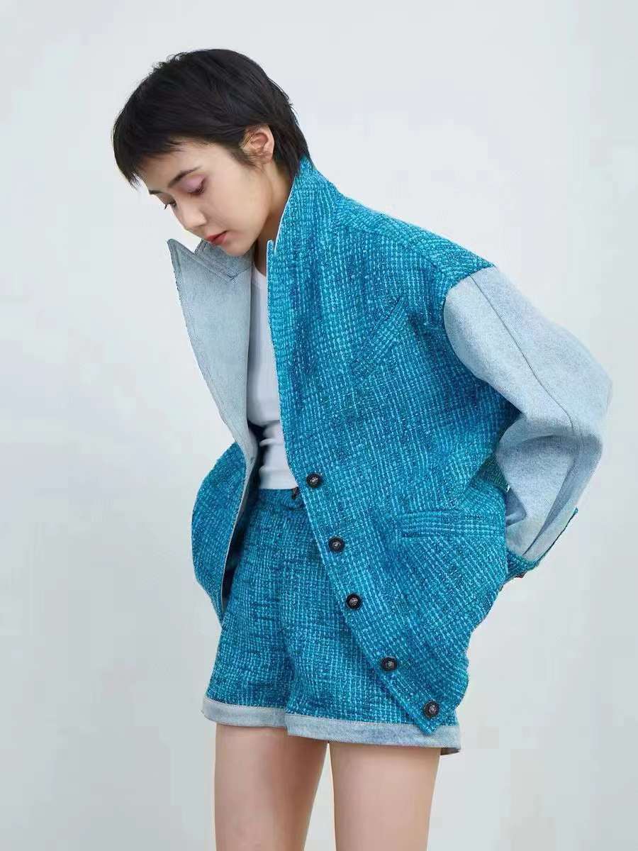 

Womens Two Piece pants sets Knitted and denim spliced luxury Designer Short suit lake blue color elegant fashion street show two-piece women clothes