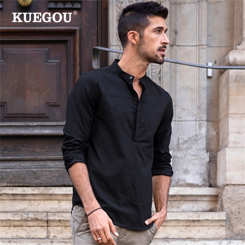 KUEGOU Blended Cotton Solid color Spring Summer Man Shirt Long Sleeve Half cardigan Fashion Shirts men Top Plus Size BC 20521 220621