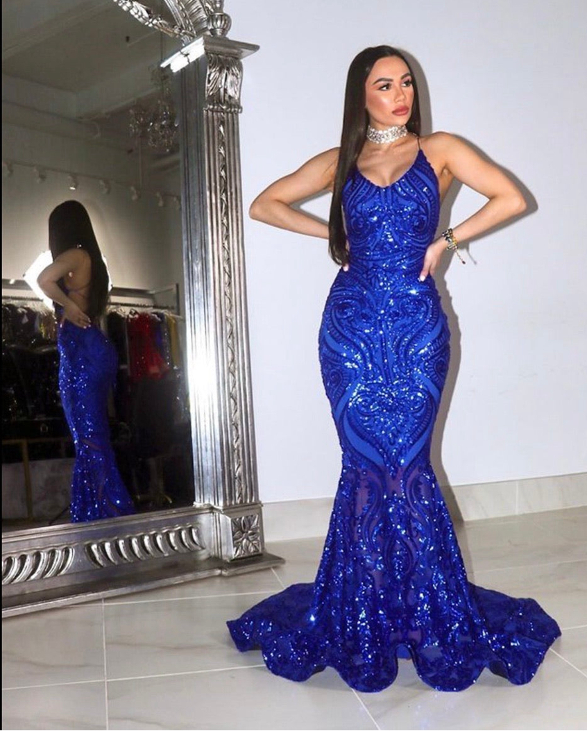 

Real Picture Long Elegant Prom Dress 2022 Sexy Mermaid See Through Sparkly Sequin Royal Blue Black Girls Backless Evening Gowns