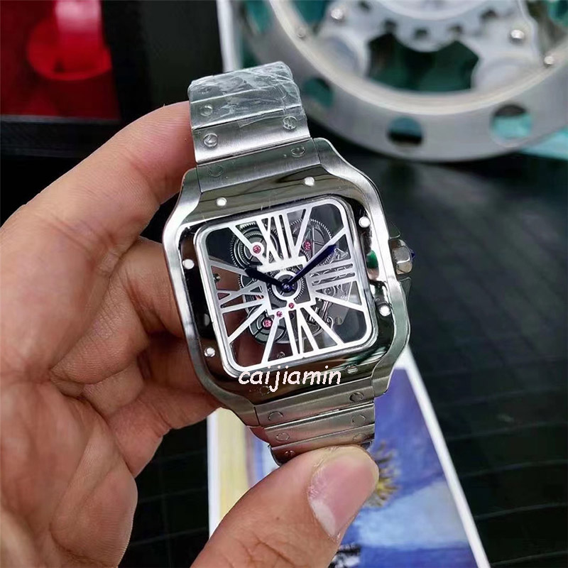 

caijiamin-Mens Quartz Watch Square Skeleton Watches All Stainless Steel Casual Business wristWatch, Tool