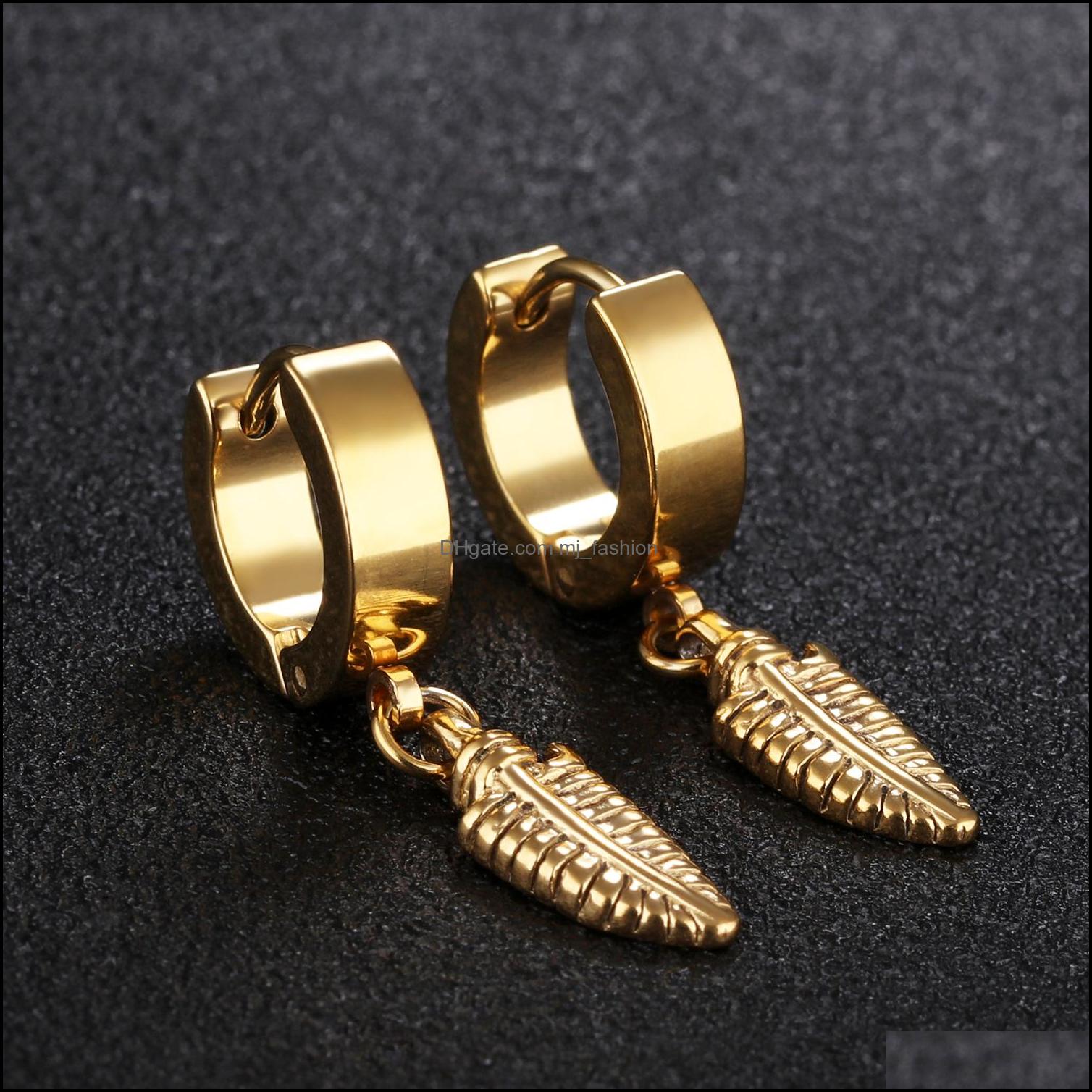 Boucles D'oreilles En Acier Inoxydable Pour Hommes Femmes Plume Hinged Hoop Hie Boucle D'oreille Punk Rock Hypoallergénique Hip Hop Oreille Bijou