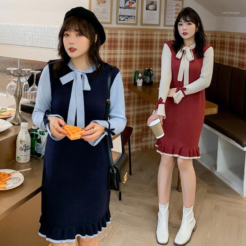 

Casual Dresses Women's Spring Round Neck Contrast Bow Knit Dress Plus Size Knee Length Wear 100 Kg Can Be Worn, Blue