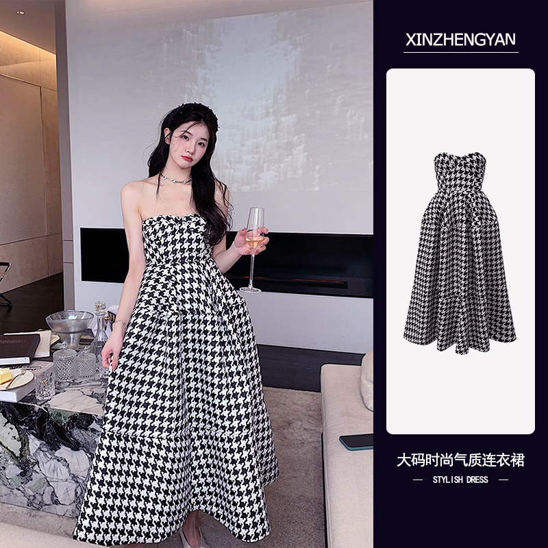 Women Clothing Tube Top Dress 2022 French Advanced Houndstooth Casual Fashion High Waist Baggy Vintage Long Skirt Ladies Summer-image-395947690