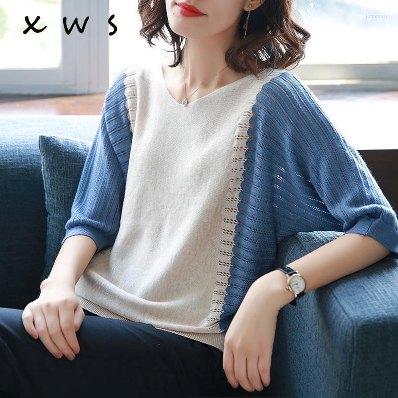 

Women's Sweaters Summer V-neck Batwing Sleeve Sexy Hollow Out Sweater Female 2022 Fashion Patchwork Loose Casual Knit Women Pullover Jemi22, Black