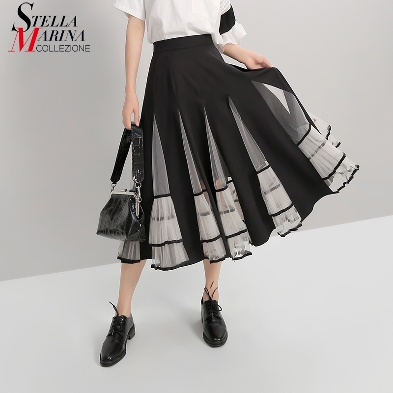 

Women Black Elastic High Waist Skirt Mesh Patchwork ALine Ladies Korean Fashion Elegant Skirt Casual Street Style 5409 Y200326, Black 5409