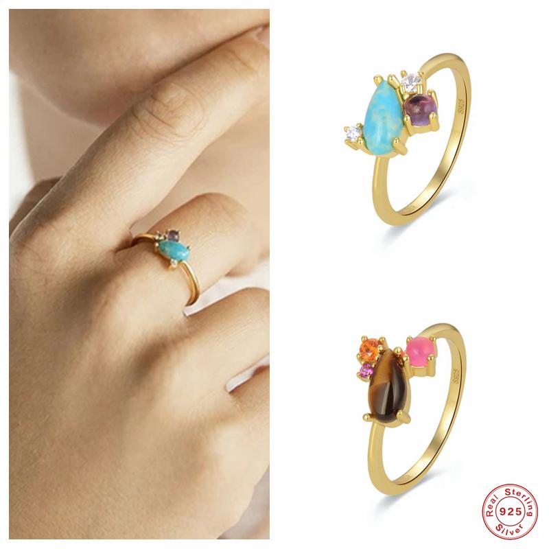 

Cluster Rings 925 Sterling Silver Oval Blue Turquoise Coffee Color Zircon For Women Gift Boho Wedding Engagement Ring Party JewelryClus