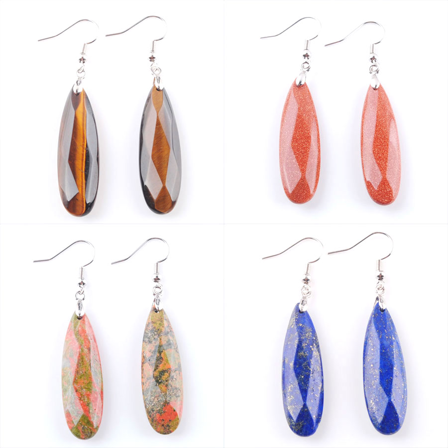

WOJIAER Natural Reiki Earrings Gem Stone Beads Drop Dangle Earring Volcano Rose Quartz Faceted Polygon for Female Jewelry BR325