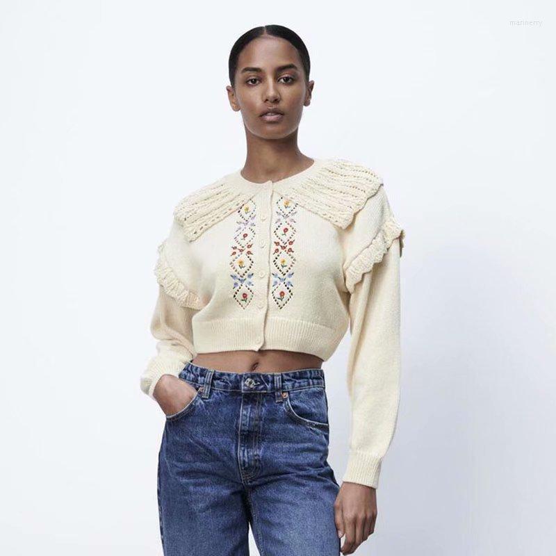 

Women' Knits & Tees Women 2022 Fashion Floral Embroidery Ruffled Crop Knit Cardigan Sweater Vintage Long Sleeve Female Outerwear Chic Tops, Apricot