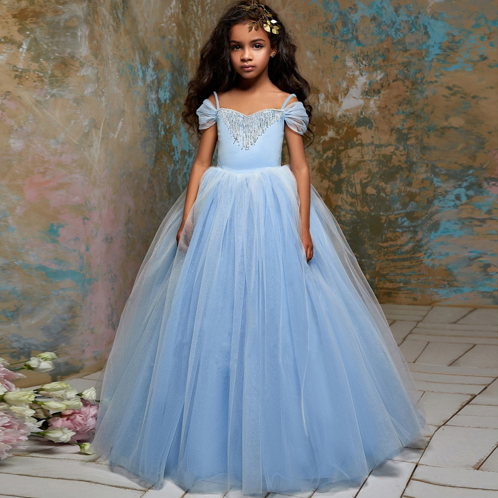 Robes à fleurs bleu ciel pour filles, robe de fête d'anniversaire, épaules dénudées, paillettes appliquées, tulle, dentelle, volants, sans manche