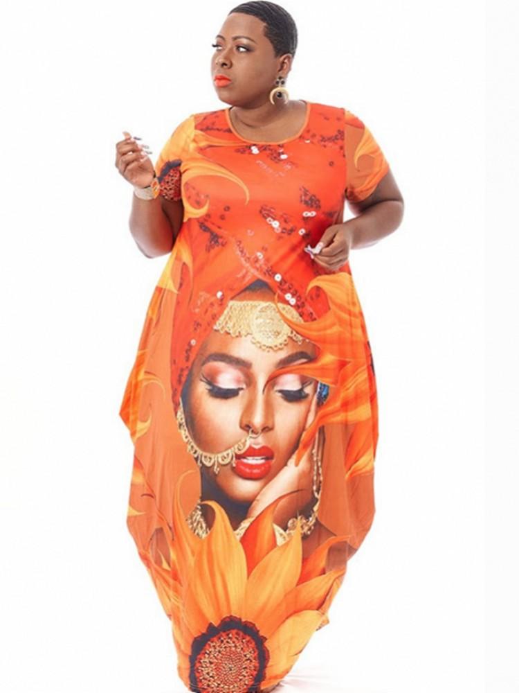 

Plus Size Dresses Long Dress Women 2022 O Neck Short Sleeve Ropa Mujer Summer Fashion Print Streetwear Loose Casual Maxi RobesPlus, Orange