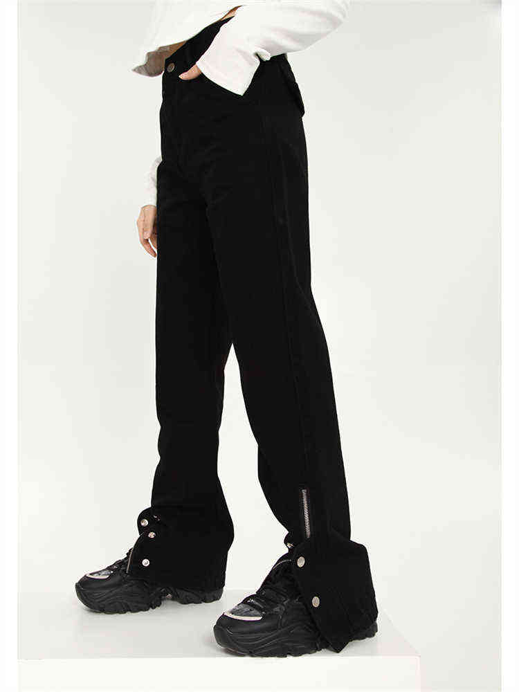 

Button-Breasted Zip Slit Black Jeans Women's Spring Autumn New American High Street Loose Straight Casual Denim Pants Female T220728