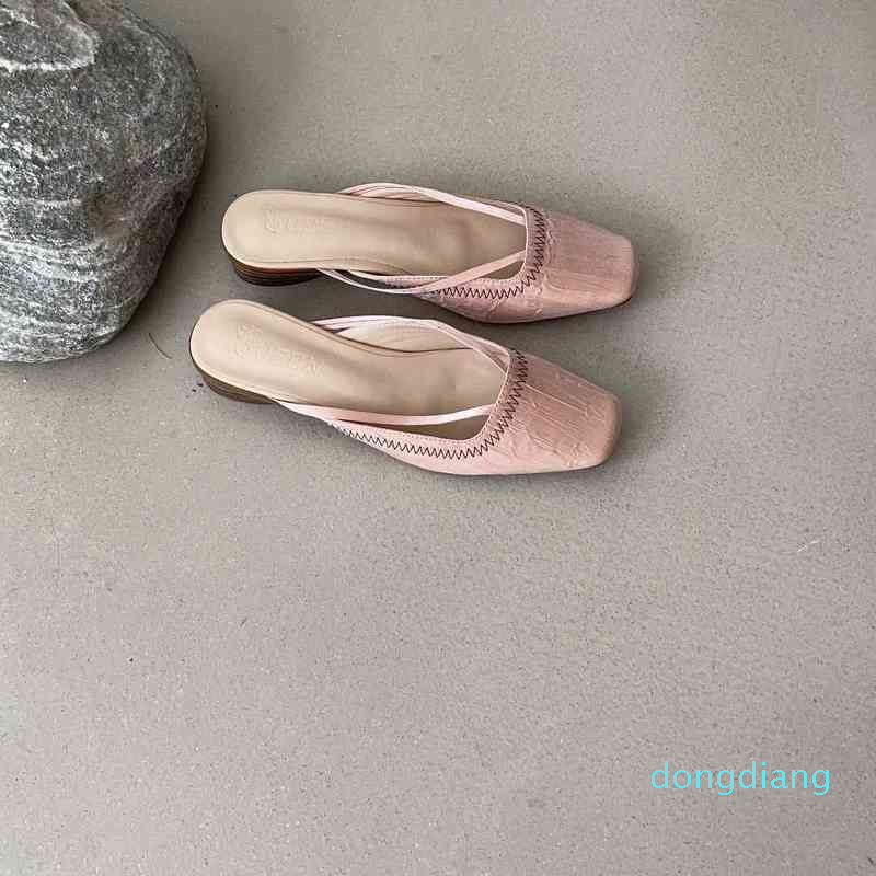 

Nxy Sandals Flip Flops Slippers Style Small Square Head Flat Bottom Hand Folded Half Slippers For Women In Summer Mens, Black spot