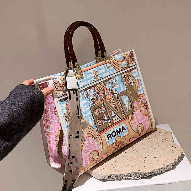Purse Sale 2022 new women's bag hand large belt strap Shoulder Messenger Bag graffiti color painting printing s-image-771696493