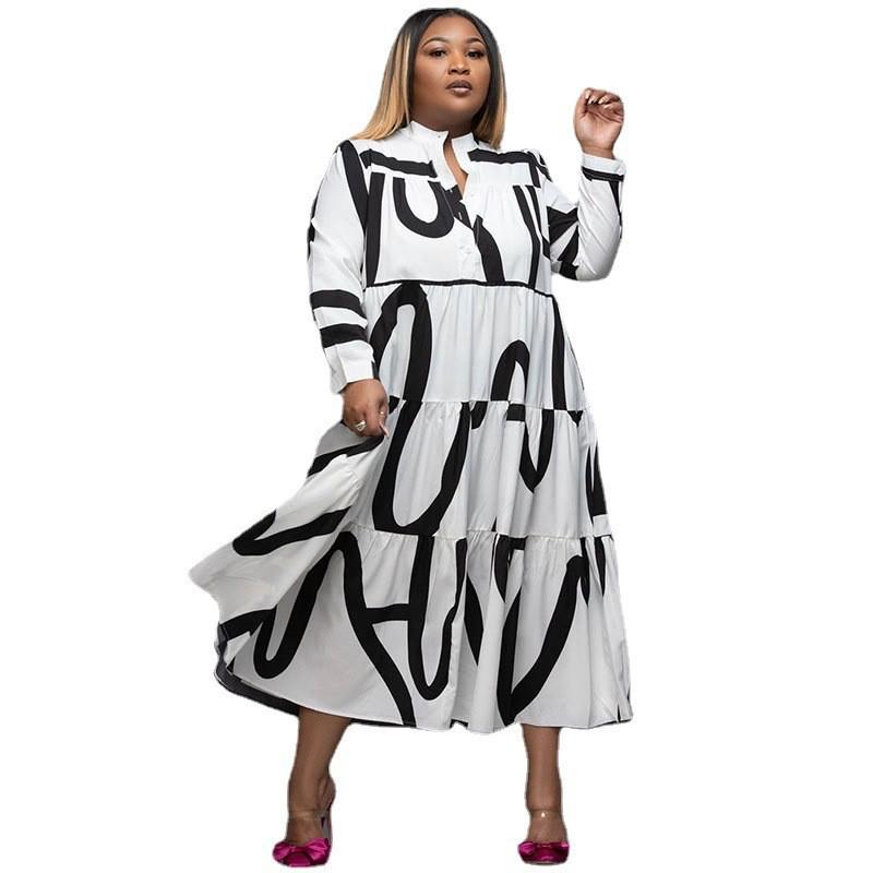 

Plus Size Dresses -5XL Clothes Vestidos Women Long Dress Spring Summer Striped Print Fashion Office Lady Sleeve Big Swing DressesPlus, White