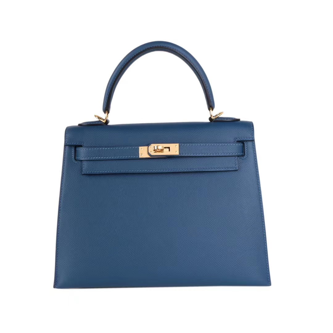

tote bag designer bag 25kellybag epsonskin bags Shoulder messenger bag of bill of lading Original leather Blue deep
