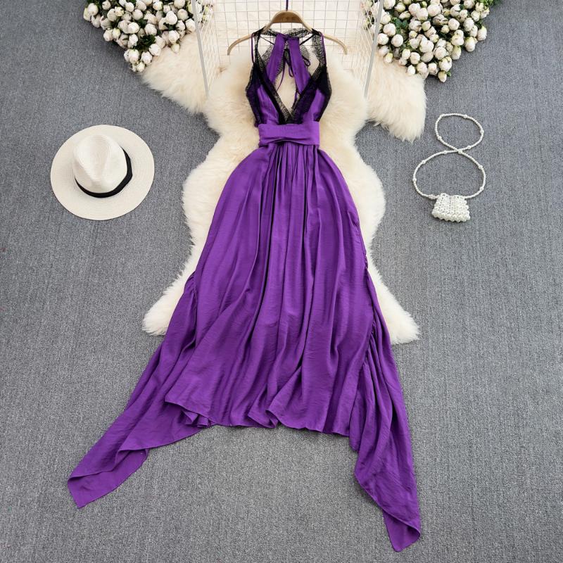 

Casual Dresses SuperAen 2022 Summer V-neck Lace Patchwork Sleeveless Backless Waist Slim A-line Holiday Big Swing For WomenCasual, Purple