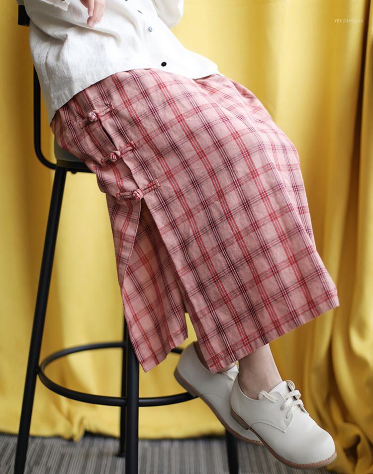 

Skirts Fashion Sweet Pink Plaid Side Frog Buttons Opening Women Cotton Linen Skirt, Summer Preppy Young Ladies Half Length, Big plaid