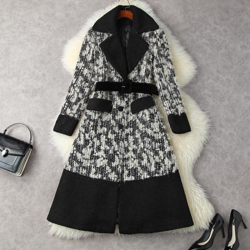

Women' Wool & Blends Fashion Long Coat With Tweed Belt Collar European And American Women' Clothing Winter 2022 Sleeve Lambskin SuitWo, Black