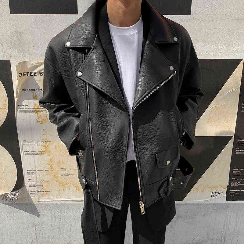 

2022 Spring Fashion New PU Leather Jackets For Men Korean Loose Lapel Zipper Jaqueta De Couro Casual Motorcycle Black Coat T220728