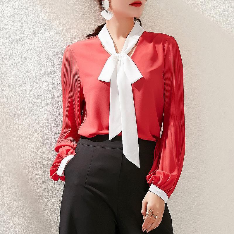 

Women's Blouses & Shirts Women Long Sleeve Spring Korean Clothing Temperament V-neck Bow Chiffon Shirt, Red