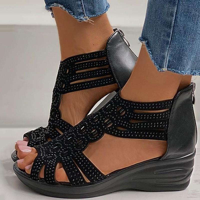 

Sandals Fit Flops Brand For Women Fashion Summer Fish Mouth Open Toe Wedge Heel Hollow Rhinestone Coral SandalSandals, Black