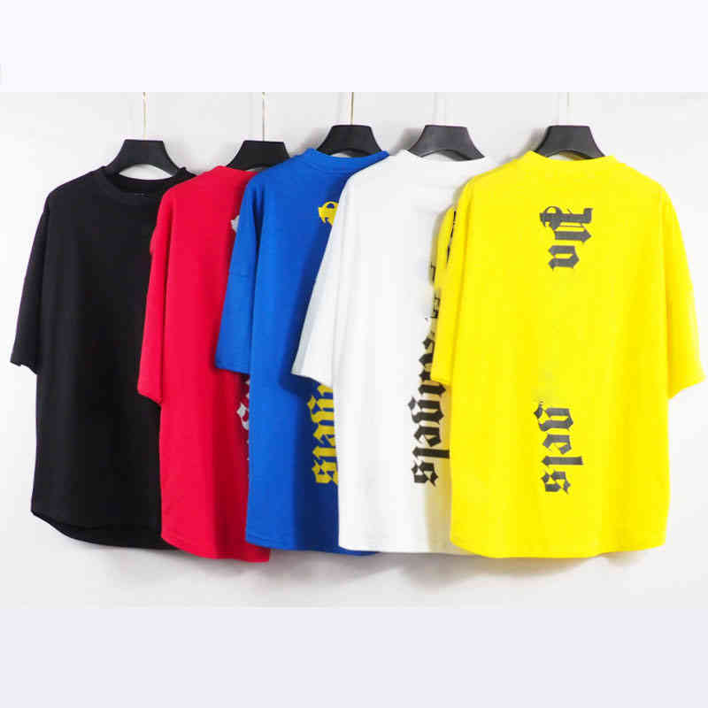 

High quality fashion cotton T-shirt PA 2022 ins new angel vertical strip letter foam print couples short-sleeved round neck loose shoulder Tshirt men and women, 2063 yellow