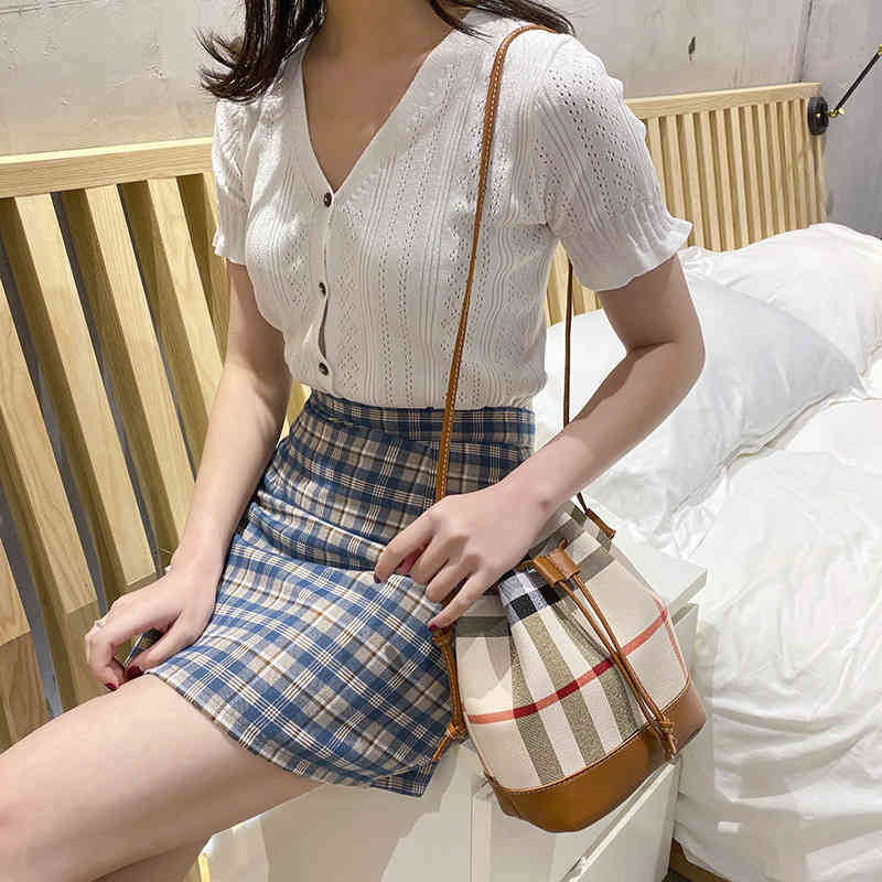 

Luxury Plaid Canvas Women Bucket Bag Fashion Stripes Female Composite Handbag Summer Top Handle Leather Shoulder Bag Y220803, 01