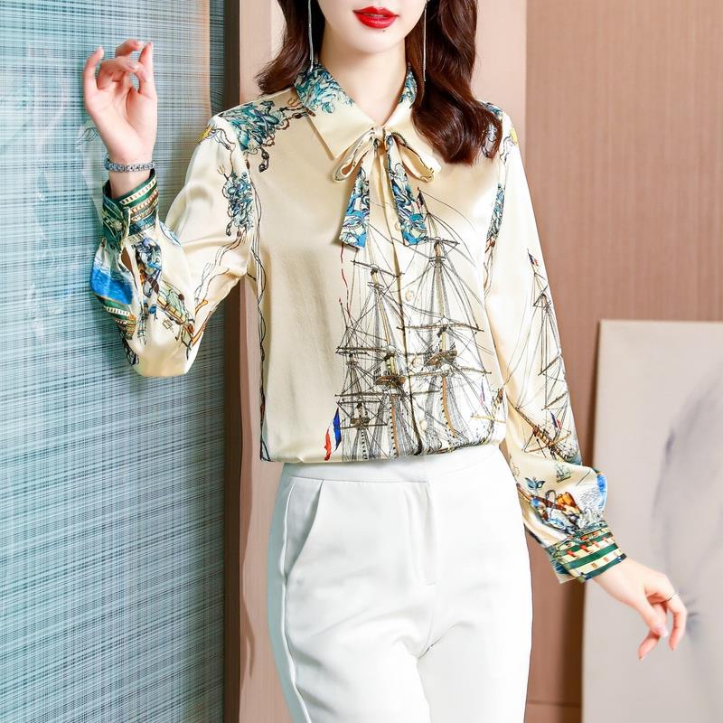 

Retro Print Luxury Silk Shirts Ribbon Bow Women Designer Silk Blouses Elegant Ladies Office Button Down Shirt 2022 Spring Autumn Woman Casual Blouse Sweet Chic Tops