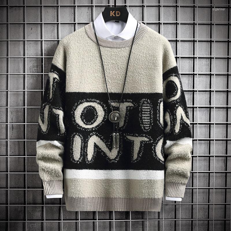

Men's Sweaters #5865 Black Grey Khaki Mohair Sweater Men O Neck Letters Spliced Color Mink Velvet Pullovers Harajuku Warm Winter SweatersMen