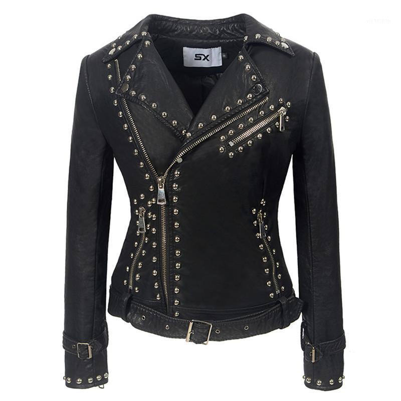 

Women' Leather & Faux 2022 Women Lapel Zipper Jacket Punk Rivet Pu Plus Size Motocycle Y795, Black