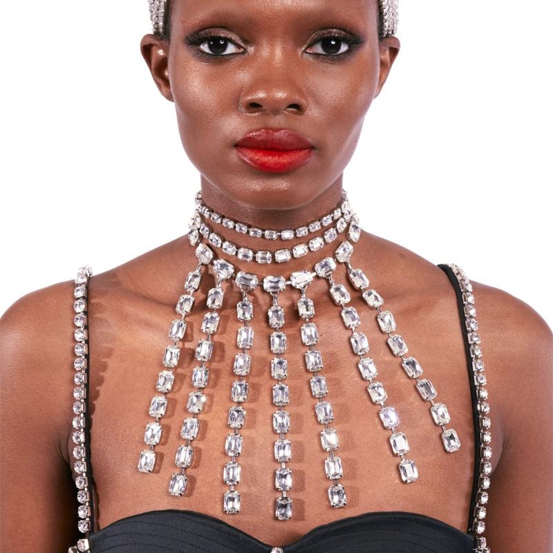 

Chokers European Big Rhinestone Fringe Tassel Necklace Women Three Layers Choker Jewelry Luxury Bling Fashion