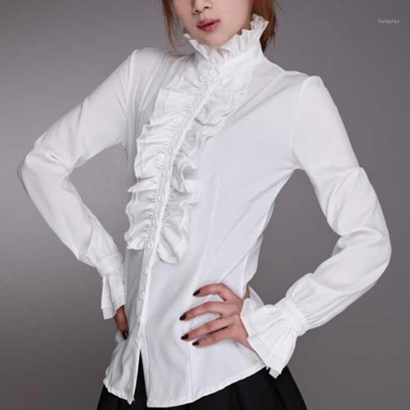 

Women' Blouses & Shirts Ladies Office Autumn Women And Tops Black White High Neck Fold Side Billow Full Length Sleeve Solid Blouse