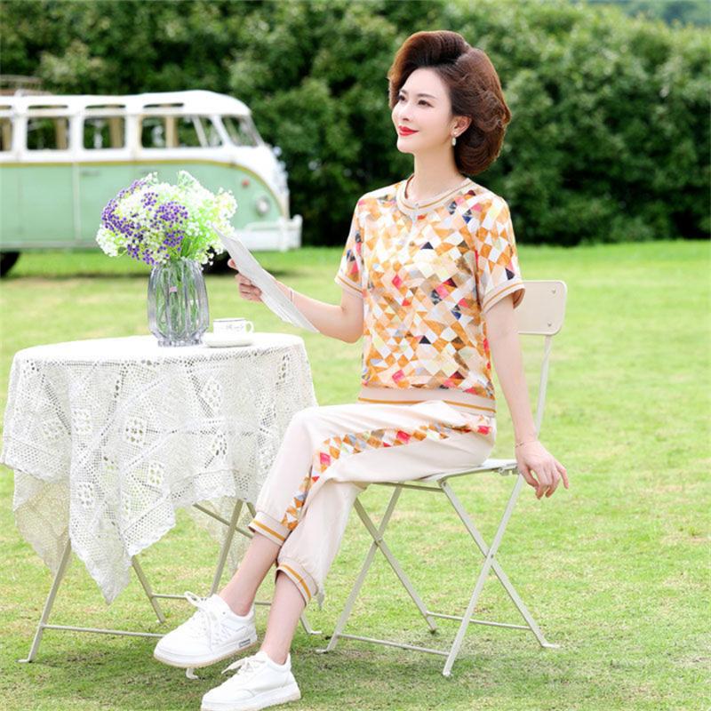 

Women's Two Piece Pants Women Summer Fashion Set Print Short Sleeve Tops & High Waist Wide Leg SuitsWomen's, As picture
