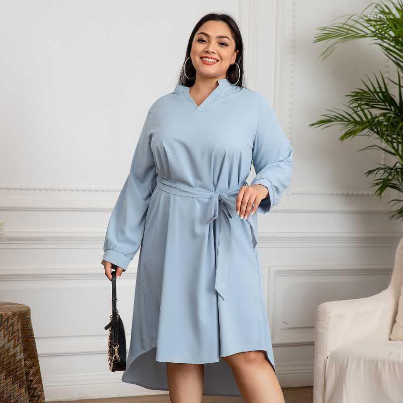 

Plus Size Dresses Women Solid Sashes Irregular Loose Midi Dress 2022 Autumn Casual V-Neck Long Sleeve Office Ladies Party Vestidos -5XL Ech, Sky blue
