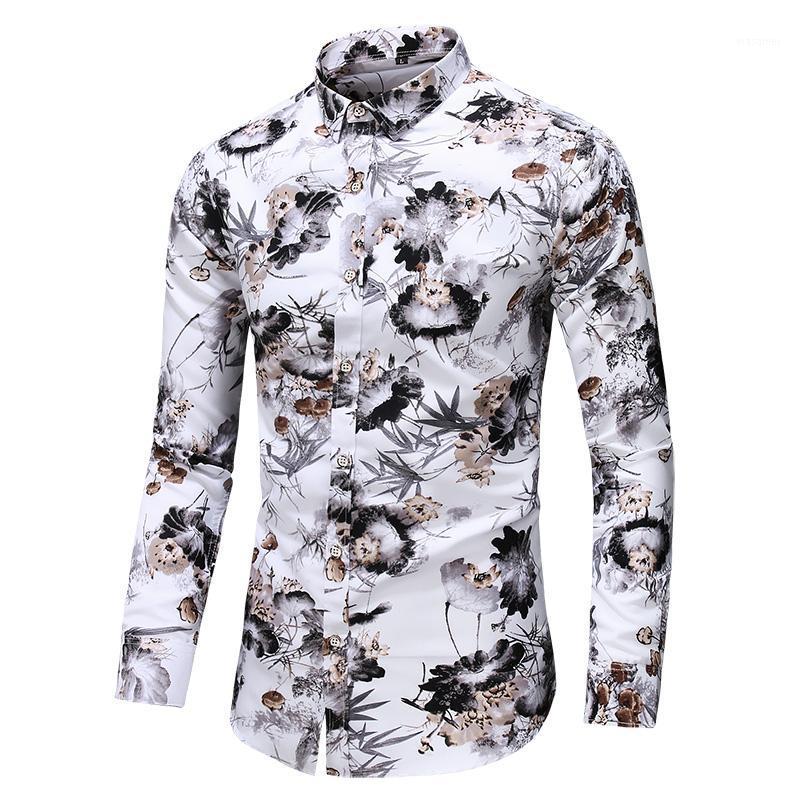 

Spring Men's Shirt Fashion Chinese Style Print Long Sleeve Shirts Men Casual Flower Beach Hawaiian 6XL 7XL, 732