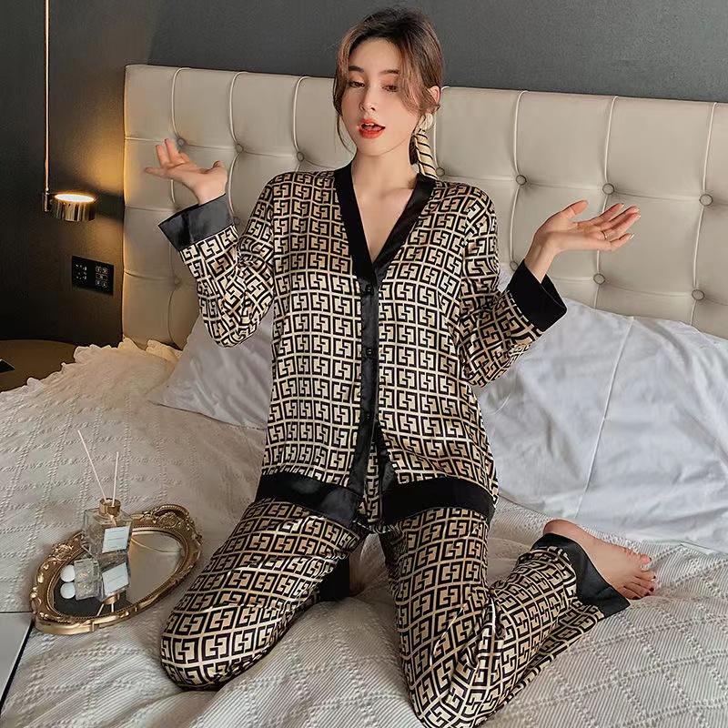 

B939 Women's Two Piece Pants Women's Pajamas Sets Woman Pajama Party Summer V Neck Design Suit Long Sleeve Trousers Set Home Clothes Sexy Satin Silk Pijamas