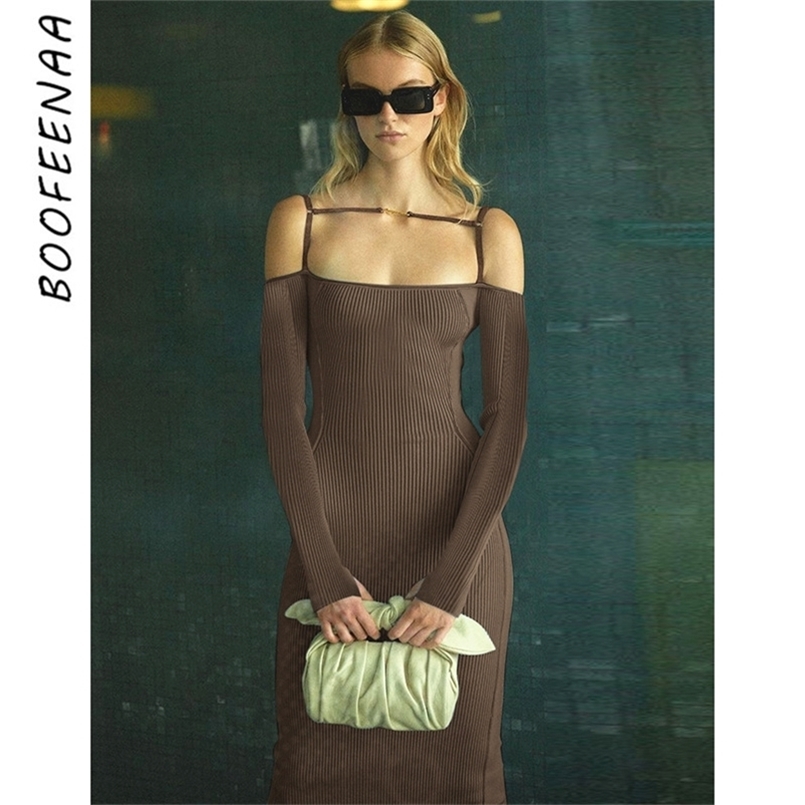 

BOOFEENAA Classy Off The Shoulder Long Sleeve Bodycon Dresses for Women Sexy Fashion Brown Black Rib Knit Maxi Dress C76 DE44 220614, Auburn