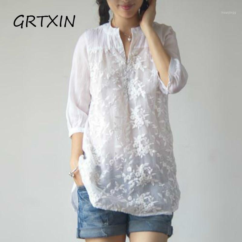 

Women's Blouses & Shirts Summer Women V Neck Embroidery Blouse Autumn Elegant Lace Patchwork Long Sleeve Shirt Loose Top Work Blusa Plus Siz, White