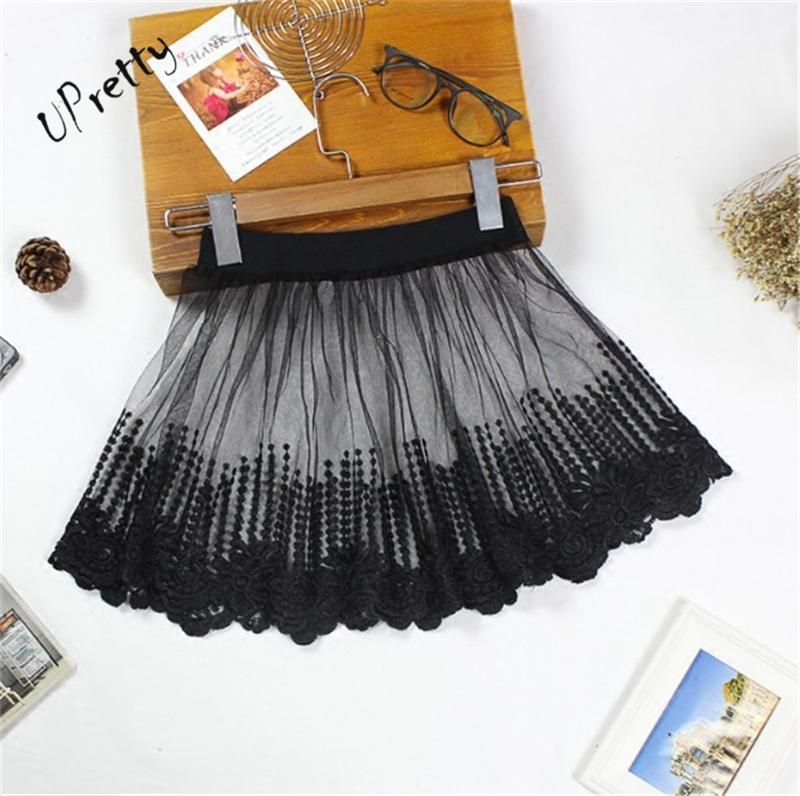 

Women Sexy Lace Mesh Floral Embroidery Mini Skirt Spring Summer Casual Club High Waist Elastic A-Line Tulle Black Short Skirts