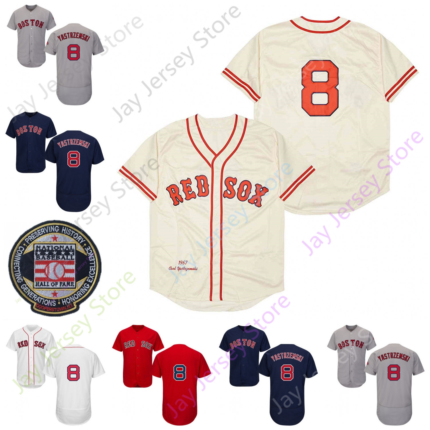 

Carl Yastrzemski Jersey Vintage 1967 Cream Grey Navy Red White Hall Of Fame Patch Button Down